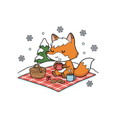Fox enjoying winter picnic with hot drinks and cookies outdoors  