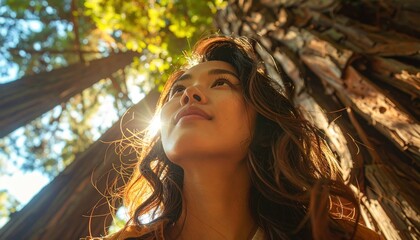 Fictional adult beneath an ancient redwood extreme wide angle perspective looking up warm rim light on hair textured bark towers into sky with natural copy space