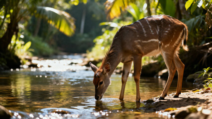 Deer drinking from stream in forest