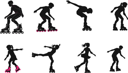 Rollerblading silhouette, pink wheels, skating pose, dynamic motion, inline skates, outdoor sport, balance, 