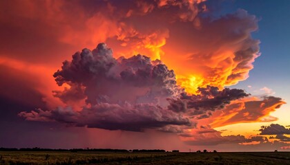 Fiery sunset illuminates colossal clouds above a flat, grassy plain
