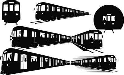 Subway train silhouette illustrations with tunnel view, side perspective, passengers, motion lines, urban 