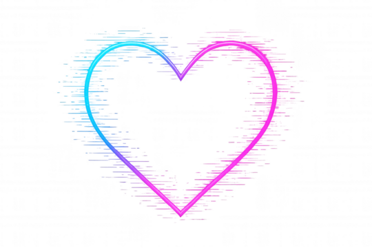Neon heart outline glowing in vibrant pink and blue gradient colors, featuring modern light effect on transparent background
