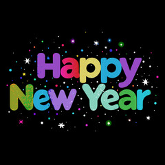 Happy New Year text with colorful lettering and glitter