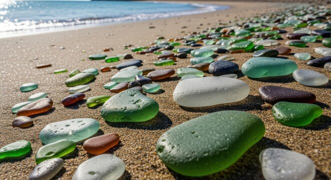Glass Beach Treasures - Polished Sea Glass on Sandy Shore.