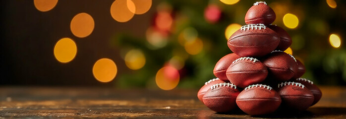 A Christmas tree banner made of American football balls on a festive background with blurred yellow lights. free space for text. a poster for a sporting goods store	
