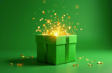 a green gift box on a blurry background with yellow lights. Christmas advertising poster for stores	