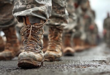 Close-up of soldiers&rsquo; boots marching in formation on a wet road, shot from ground level. Background figures are out of focus; scene conveys cadence, discipline and coordinated movement.