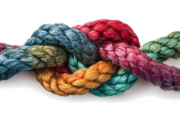 Colorful Braided Ropes in Knot on White Background