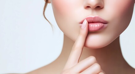 Beauty shot of a woman&rsquo;s glossy lips with a finger gently placed in a &ldquo;shh&rdquo; hush gesture. Clean studio background, soft light and smooth skin texture