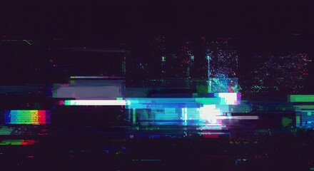 Abstract digital art with glitch effect, horizontal streaks of color across a dark background