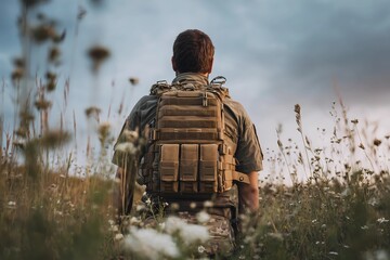 Back view of a man wearing a tan tactical backpack and outdoor clothing, kneeling in a wildflower meadow under a cloudy sky. Soft natural light and shallow depth of field.