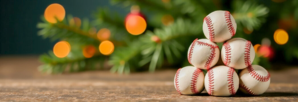 Christmas tree banner made of baseballs on a festive background with blurred lights. a creative postcard for a sporting goods store. free space for text - Powered by Adobe