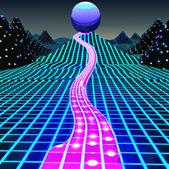 Glowing sphere emitting stream flowing over digital landscape