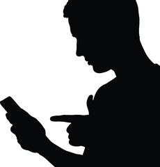 Young Man Profile Silhouette Using Smartphone and Pointing at Screen Vector Graphic © Meherun