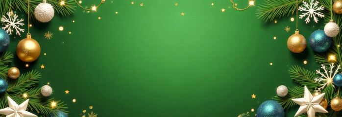 A Christmas card banner with a green empty space in the center and Christmas decorations around the edges. a greeting card or an invitation.
