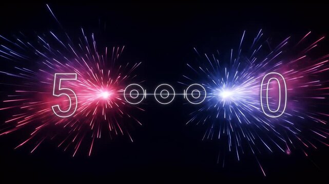 Explosion Of Fireworks With 5000 Numbers Glowing In Neon Light