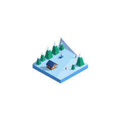 Fototapeta premium Isometric winter scene with cabin and skiers on transparent background