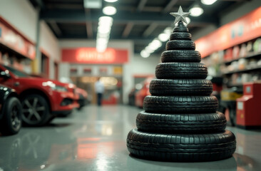 Obraz premium Christmas tree made of car tires on a blurry background with yellow lights. Christmas greeting card from a car repair shop. free space for text 