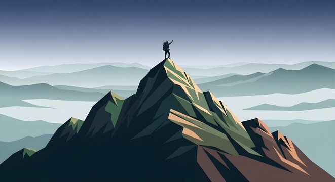 Triumphant hiker with a backpack stands on a mountain summit, celebrating success against a backdrop of misty peaks.
