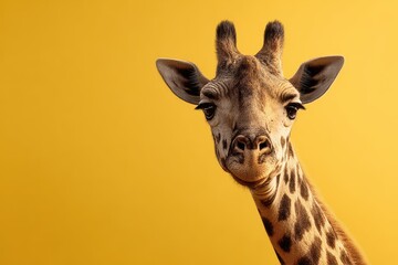 Close up portrait of a giraffe against a vibrant yellow background