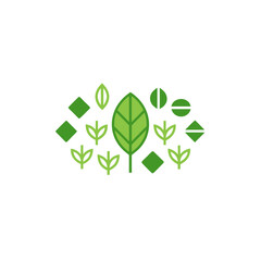 Green leaves and geometric shapes pattern on transparent background