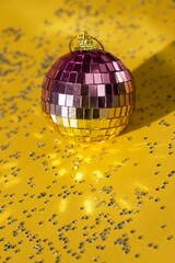 Festive Disco Ball on Yellow with Glitter Stars. Holiday Celebration and Party Decor for Christmas.