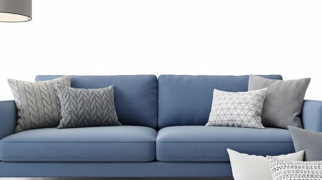 A blue sofa with various patterned pillows and a floor lamp against a white backdrop. The couch's color contrasts with the neutral tones of the cushions