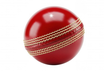 Shiny red cricket ball with stitched seam isolated on a transparent background