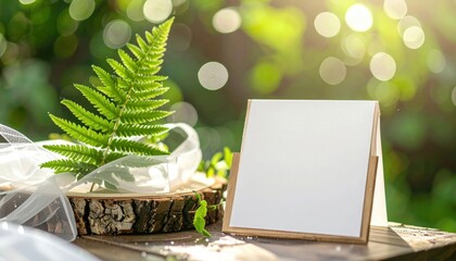 Blank invitation clipped to a simple wooden board with a fern leaf under glass morning dew and airy bokeh unbranded garden style with clean copy space