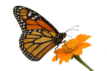 Fototapeta premium Monarch butterfly feeding on orange flower against transparent background, symbolizing nature, life, and pollination