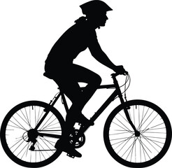 Fototapeta premium Black silhouette vector illustration of a person riding a bicycle with a helmet side profile on a white background, concept of sport and healthy lifestyle