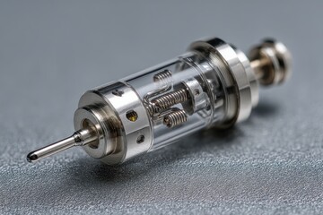 Detailed macro shot of medical syringe with mechanical parts