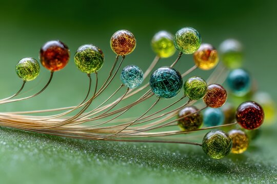 Colorful miniature beads threaded on a thin stem closeup