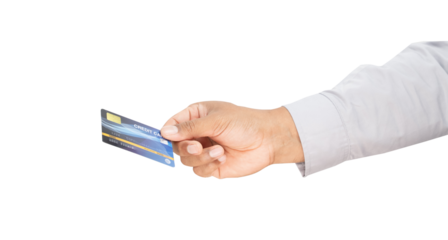 Businessman hand holding credit card on isolated white background.