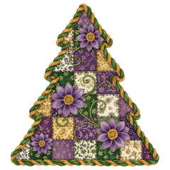 A handcrafted Christmas tree decorated with charming flower accents, adorned with intricately woven rope and featuring patchwork details, adding a touch of rustic charm to the holiday season.