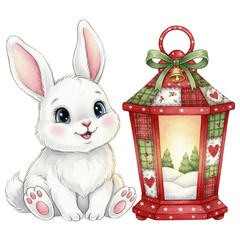 A cute cartoon illustration of a white bunny sitting next to a beautiful lantern with winter landscape inside .