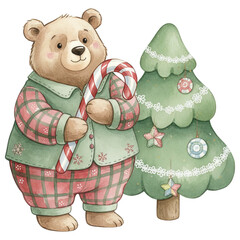 A whimsical illustration of a cuddly bear, radiating festive cheer with a candy cane in hand, stands beside a charming Christmas tree. A delightful display of holiday season.