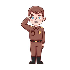 Obraz premium Cute Cartoon Man in Brown Uniform with Badge Saluting, Civil Servant or Officer Illustration.