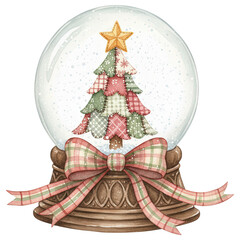 A charming snow globe, festive Christmas scene, featuring a decorated tree and a delicate bow. Captured in exquisite detail and designed to evoke the magic of the winter holidays.