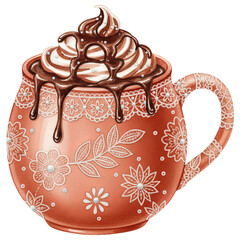 An inviting cup of rich hot chocolate, topped with a swirl of whipped cream and chocolate sauce, ready to warm the soul.