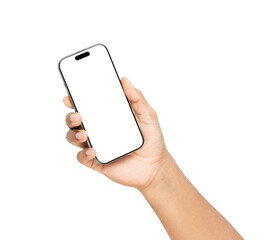 Hand holding the black smartphone with mockup of blank screen on isolated white background