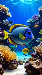 Colorful fish swims among vibrant coral reefs in the deep blue sea