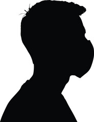 Black silhouette of a young man wearing a medical face mask in profile against a white background vector graphic