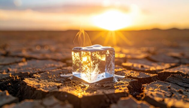 Melting ice cube on sun baked mud polygons with a faint evaporating wisp macro texture clean minimal climate concept and open copy space