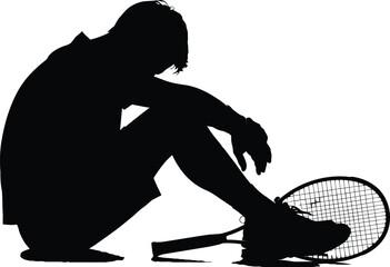 Dejected Tennis Player Silhouette After Loss Sitting with Racket