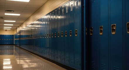 Obraz premium Long hallway lined with blue lockers in school