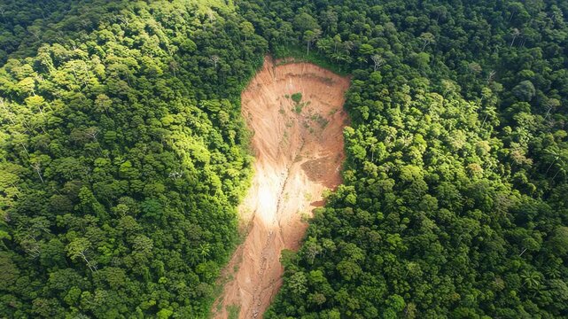Aerial view of a landslide scar cutting through a lush green forest