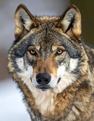 Obraz premium Close-up of a wild canid with amber eyes. Frontal view, soft focus