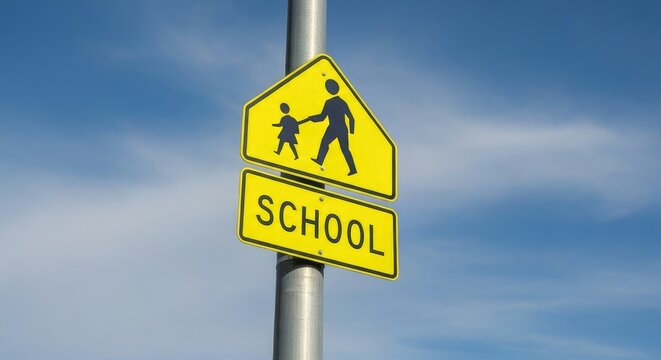 Yellow school crossing sign with silhouette of adult and child against blue sky - Powered by Adobe